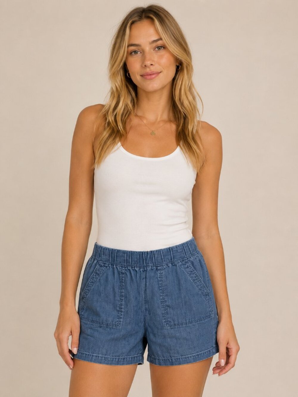 Talbots Blue Chambray Elastic Waist Pull On Shorts M